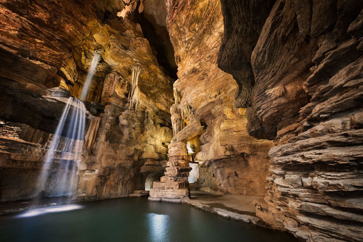 cavern, cave, golf course, geology, waterfalls