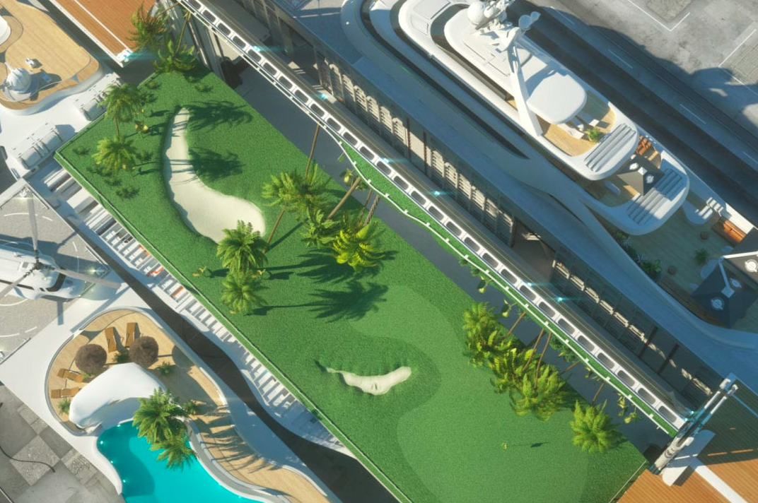 superyacht with golf course