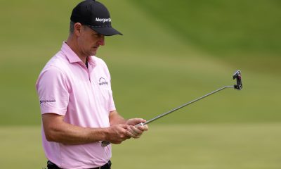Justin Rose studies the line of his putt on the 9th green at this years Open Championship.